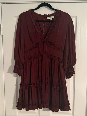 She + Sky Burgundy Ruffle V-Neck Mini Dress‎ Size Medium